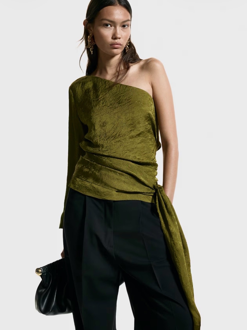 H&M One-Shoulder Olive Green Draped Women's Top